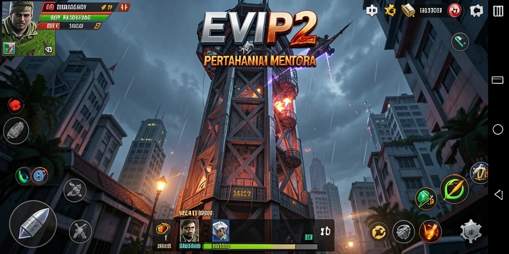 Tampilan menara pertahanan dengan gelombang musuh menyerang.