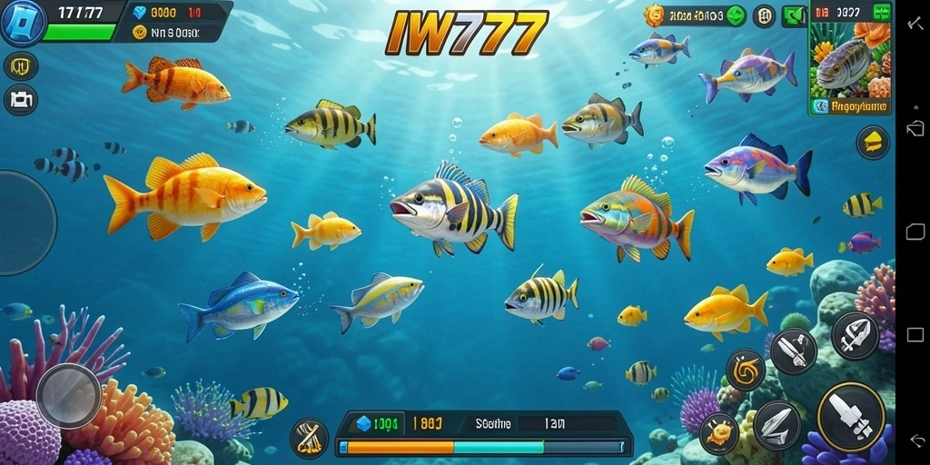 Screenshot IW777 menampilkan aksi seru menembak ikan di dunia bawah laut.