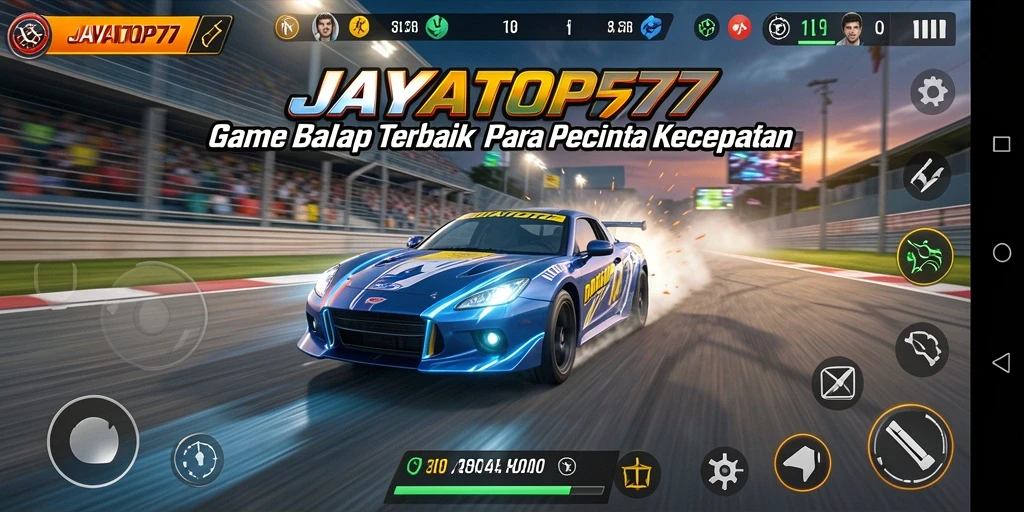 Tampilan aksi balap seru dalam JAYATOP77 dengan mobil cepat.
