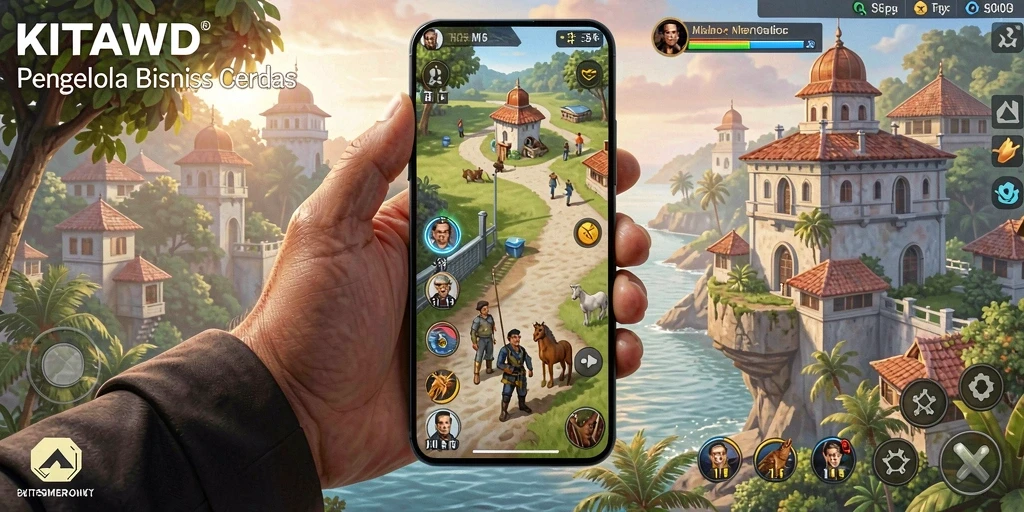 Screenshot dari gameplay KITAWD yang menggambarkan pengelolaan bisnis.