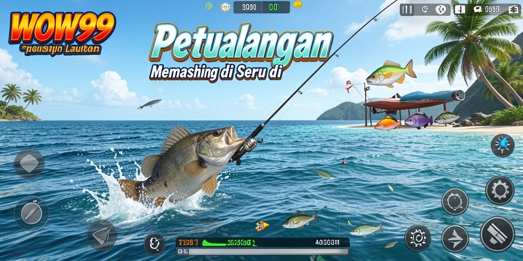 Tampilan gameplay WOW99 yang menampilkan aksi memancing yang seru di lautan.